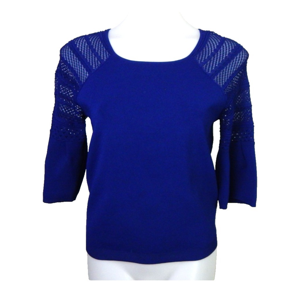 Karen Millen Women's Medium Top Blue Crewneck Pointelle Bell Sleeve Stretch Knit